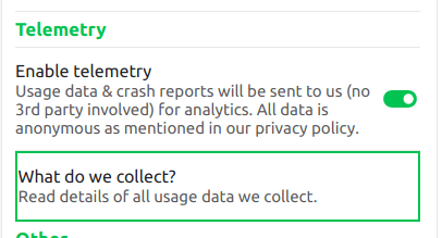 Notesnook privacy settings showing the telemetry toggle switched off