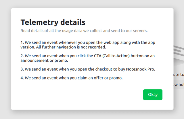 The full list of events Notesnook collects when telemetry is enabled